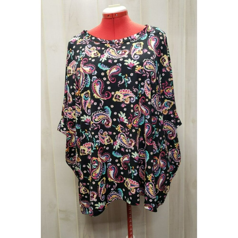 Dear Scarlett dolman sleeve Top XL Black w Multicolor Paisley Pattern scoop neck